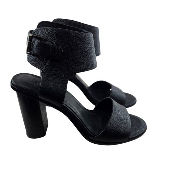 Joie Heels Womens 7 (37) Black Leather Wide Ankle Cuff Open Toe 3.5" Heel - Picture 2 of 12